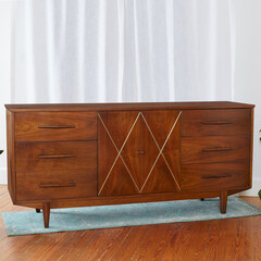 Stylish low dresser with inlay accents. Vintage 1970s set of drawers. Mid-Century Modern Furniture....