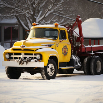 Yellow pickup towing truck on the winter road
