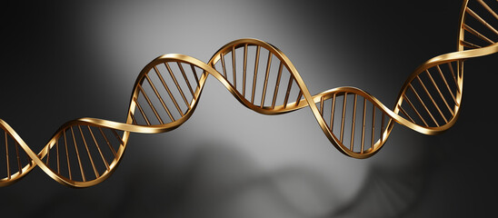 Golden geometric DNA, DNA sequence, DNA code structure on black background - 3D illustration