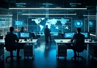 Engineer IT silhouette in big database server center in office. Ultra high speed data server transfer. Technology science background concept