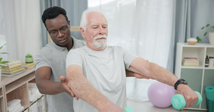 Physiotherapy, dumbbell arm exercise or old man for rehabilitation, recovery and black man support on injury healing. Helping, aid service or African physiotherapist advice elderly patient on workout