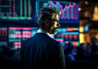 The trader on a stock exchange floor, using cyber tech and AI-powered algorithms and predictive analytics to make split-second investment decisions.