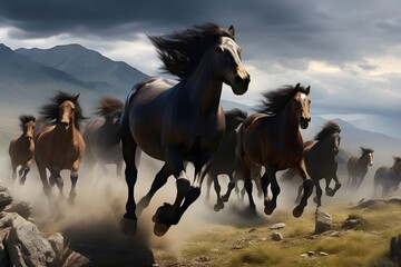 A majestic herd of wild horses galloping freely across an open plain.