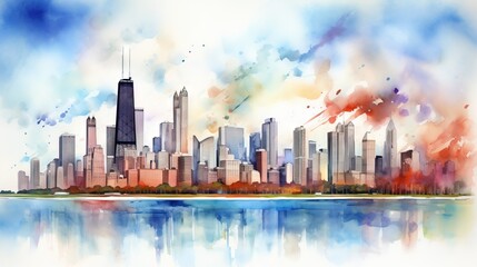  a watercolor painting of a cityscape with a lake in front of it.  generative ai