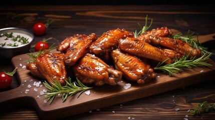  a wooden cutting board topped with chicken wings and garnished with herbs.  generative ai