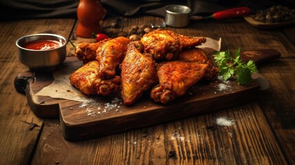  a wooden cutting board topped with chicken wings next to a bowl of sauce.  generative ai