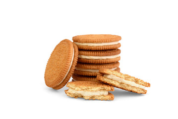 Stack of shortbread cookies with coconut filling isolated on white background.