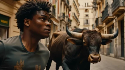 Tuinposter Fictitious African American male runs from a bull in Madrid AI generative © Jordan