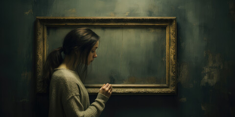 Teenage girl looking depressed and sad adjusting a picture frame.