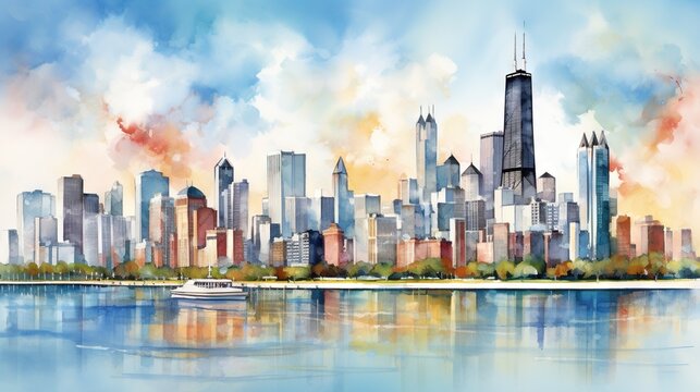  a painting of a city skyline with a boat in the water.  generative ai