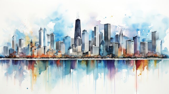  a painting of a city skyline with watercolors on it.  generative ai