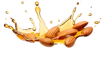 Almonds and almond oil on transparent background