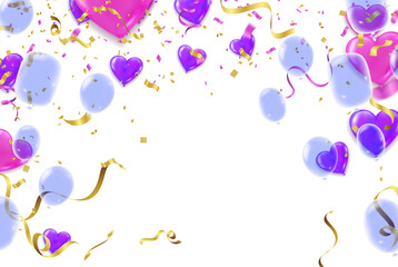 purple balloons with confetti falling down over  background. Festival and joyful mood. Christmas, New Year, birthday or wedding celebration