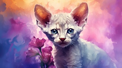  a painting of a white kitten with blue eyes and a pink flower.  generative ai