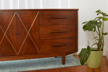 Stylish low dresser with inlay accents. Vintage 1970s set of drawers. Mid-Century Modern Furniture....