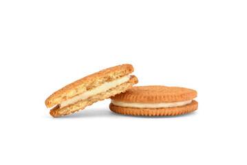 Broken shortbread cookie with coconut filling isolated on white background.