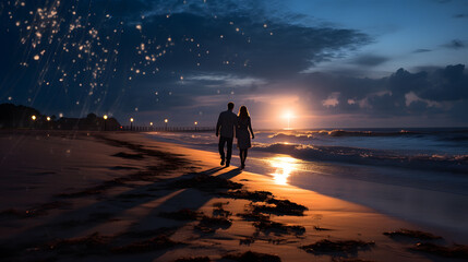 A couple walks hand in hand along a moonlit beach, the waves gently kissing their feet, creating a beautiful and romantic scene for Valentine's Day.
