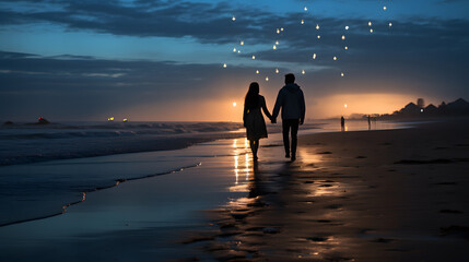 A couple walks hand in hand along a moonlit beach, the waves gently kissing their feet, creating a...
