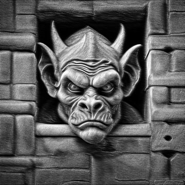 AI generated grotesque gargoyle ogre face hanging on a wall.