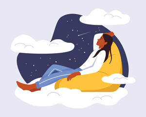 Vector illustration. The girl lies or sits on an ottoman and dreams.  Fly in the clouds