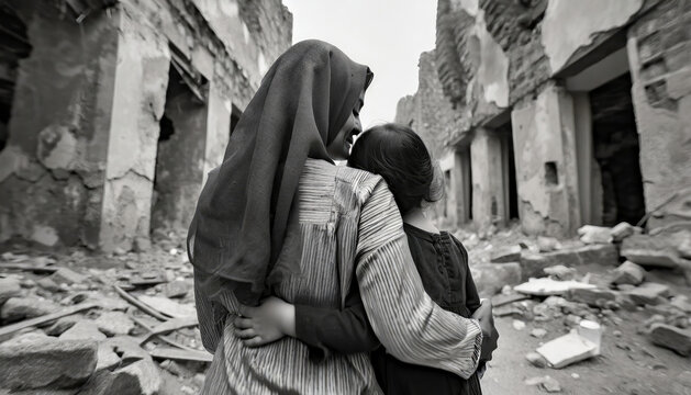 Mother hugs her daughter in a destroyed city