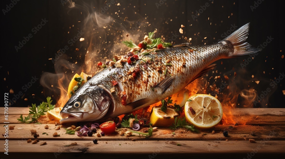 Wall mural a fish on a table with a lot of food on it. generative ai