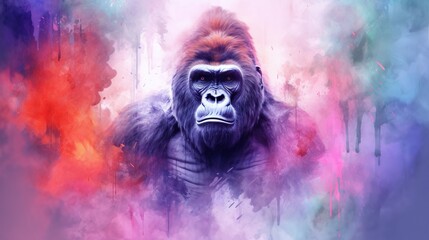  a gorilla with a colorful background and a sky background with clouds.  generative ai