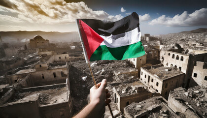 Hand holding flag of palestine asking for peace - obrazy, fototapety, plakaty
