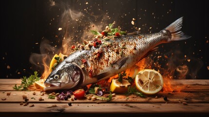  a fish on a table with a lot of food on it.  generative ai