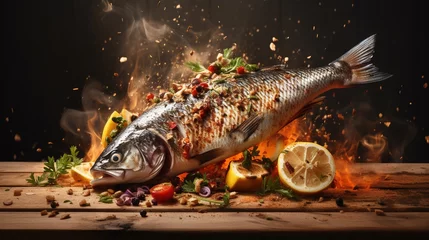 Deurstickers  a fish on a table with a lot of food on it.  generative ai © Shanti