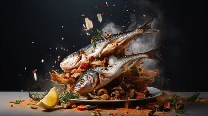  two fish on a plate with a pile of food in the background.  generative ai