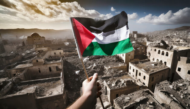 Hand holding flag of palestine asking for peace