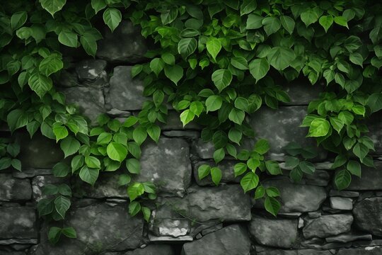 Gray stone bricks wall with ivy covered. Castle old medieval rock block wall. Green leaves concrete texture background - Powered by Adobe