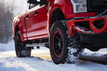 Close up of the pickup towing truck on the winter road - obrazy, fototapety, plakaty
