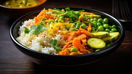Fototapeta na wymiar a bowl of rice, peas, carrots, and cucumbers. generative ai