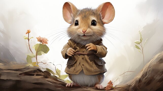  a painting of a mouse in a trench coat holding a stick.  generative ai