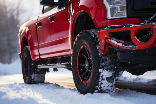 Close up of the pickup towing truck on the winter road