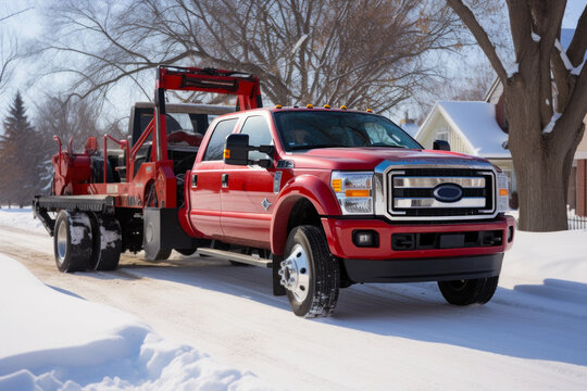 Red pickup towing truck on the winter road