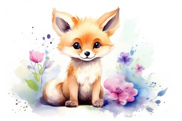 Obraz premium Watercolor illustration of young fox sitting amidst vibrant floral backdrop. Whimsical wildlife art.