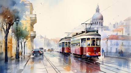  a painting of a trolley on a city street with a car passing by.  generative ai - obrazy, fototapety, plakaty