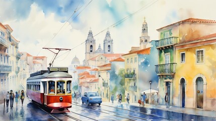 Fototapeta na wymiar a painting of a red trolley car on a city street. generative ai