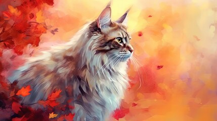  a painting of a cat with autumn leaves in the background.  generative ai
