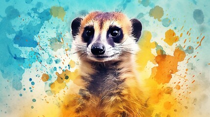  a painting of a meerkat on a blue and yellow background.  generative ai - obrazy, fototapety, plakaty