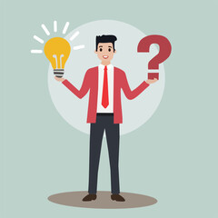 Question and answer, Smart Businessman with Question Mark and Lightbulb. Answering questions and finding solutions with creative thinking.