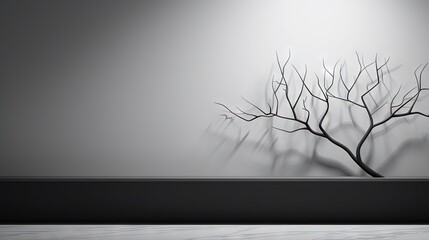 a bare tree with no leaves in a room with a gray wall.  generative ai