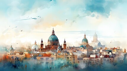 Obraz premium a painting of a city with a bird flying over it. generative ai