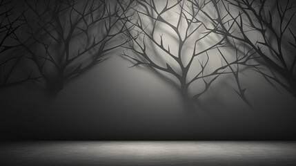  a black and white photo of trees in the dark with a light coming through the branches.  generative ai