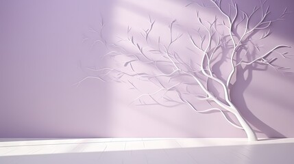  a white tree in a room with a purple wall behind it.  generative ai