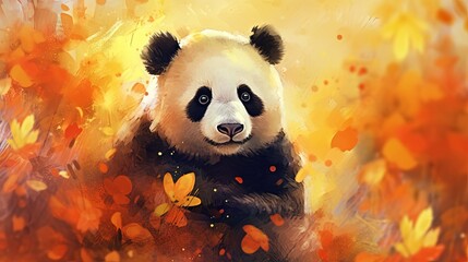  a painting of a panda bear in a field of leaves.  generative ai
