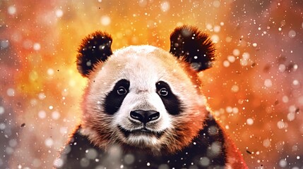  a painting of a panda bear in a snow storm with orange and yellow background.  generative ai